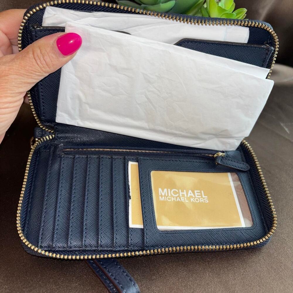 Michael Kors Navy Blue Leather Wristlet Wallet with Gold Logo - Picture 4 of 6